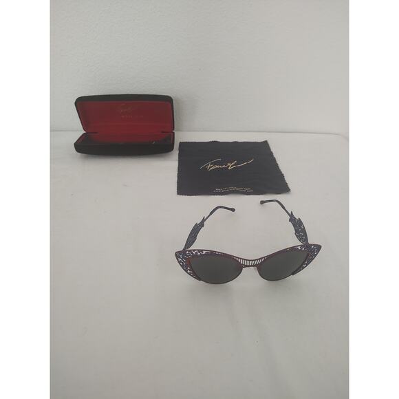 Vermeer, Vintage Style Ornate Cat Eye Sunglasses, Blue & Red Filigree Design, main image 8
